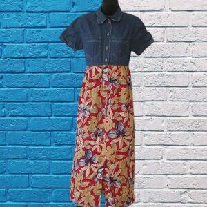 Vintage Sophisticate Jean and Flower Print Maxi Dress Size Medium